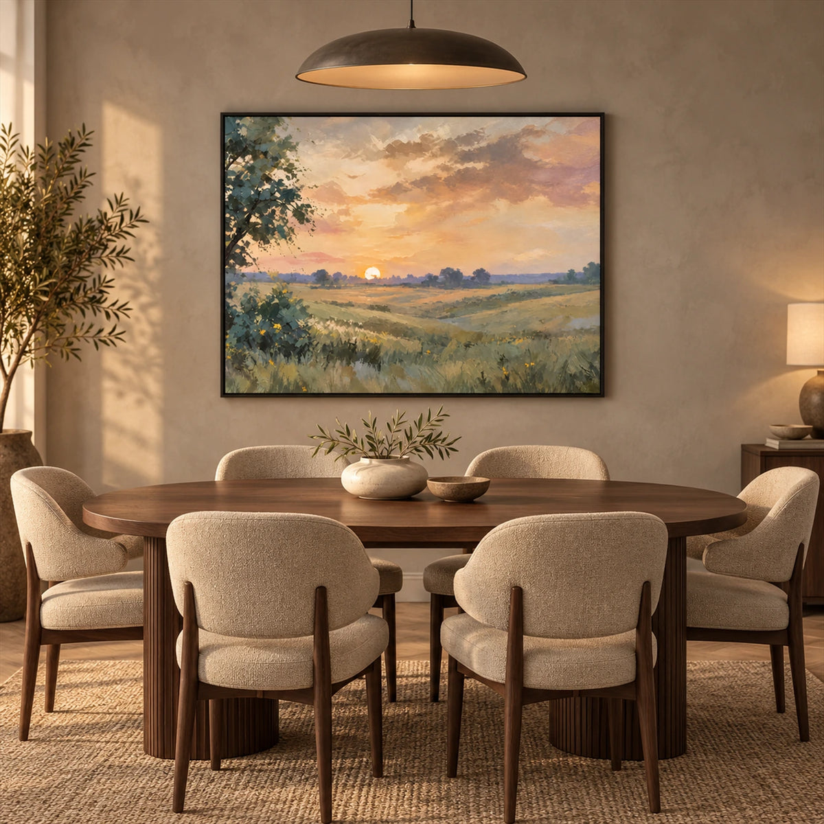 Meadow Sundown artwork displayed above a wooden dining table.