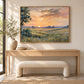 Meadow Sundown artwork displayed above a light wooden console and upholstered bench.