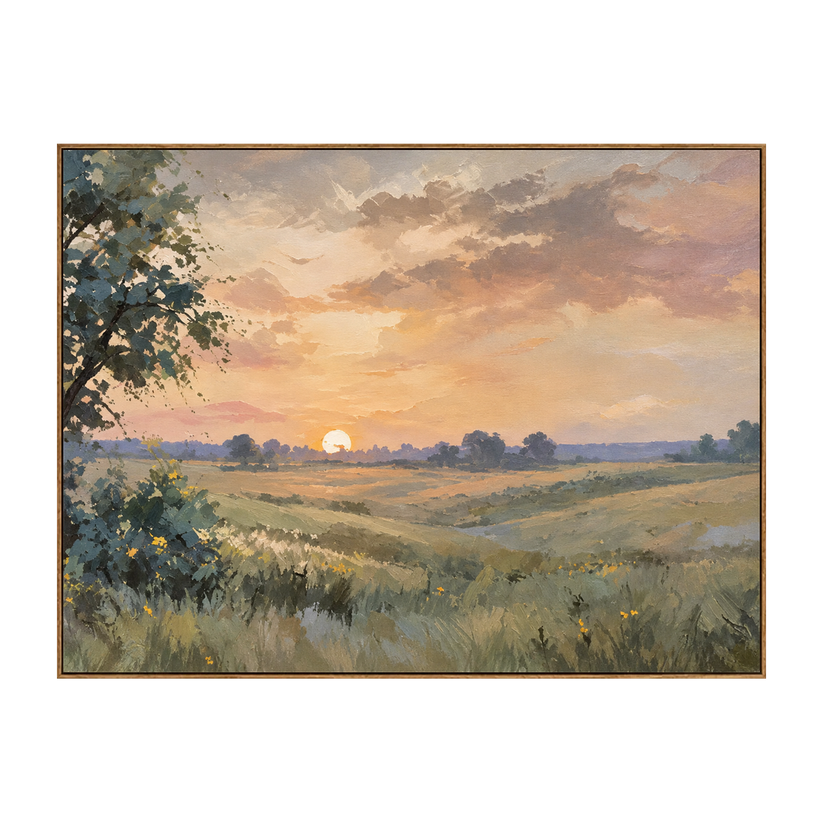 Meadow Sundown artwork in a natural wood frame on a transparent background.