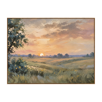 Meadow Sundown artwork in a natural wood frame on a transparent background.