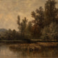 Dusklit Bank full artwork. Tall trees gather along a still riverbank beneath a muted amber sky, their dark forms reflected in quiet water.