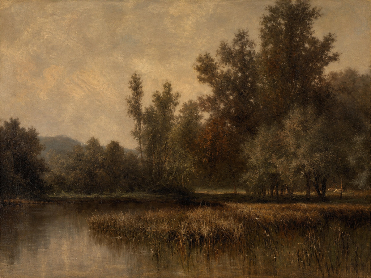 Dusklit Bank full artwork. Tall trees gather along a still riverbank beneath a muted amber sky, their dark forms reflected in quiet water.