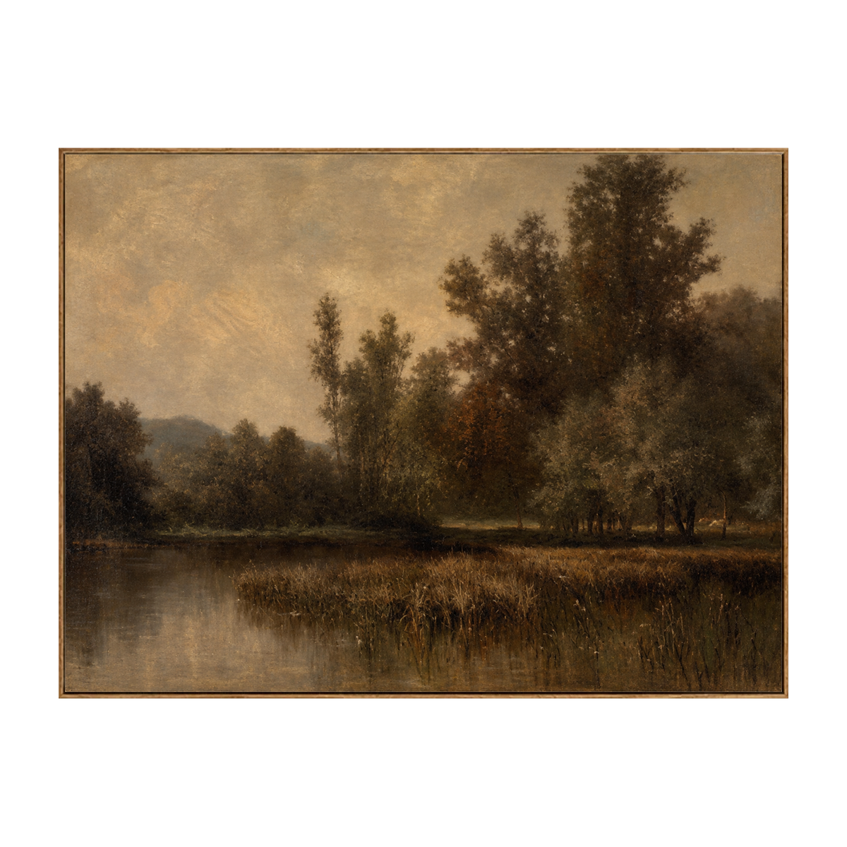 Dusklit Bank artwork in a natural wood frame on a transparent background.