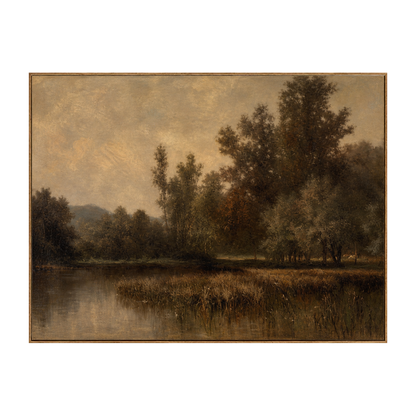 Dusklit Bank artwork in a natural wood frame on a transparent background.