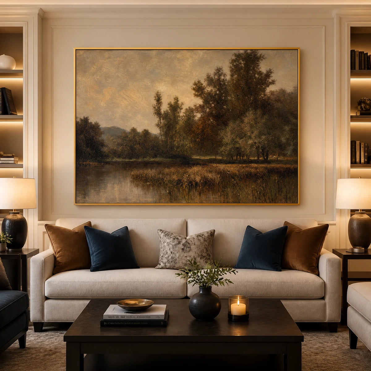 Dusklit Bank artwork displayed above a cream sofa between shelving.