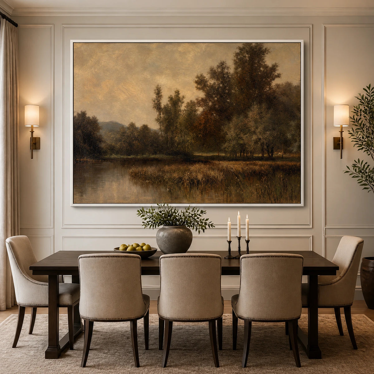 Dusklit Bank artwork displayed above a dining table against a paneled wall.
