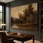 Dusklit Bank artwork displayed above a wooden desk beside tall windows.