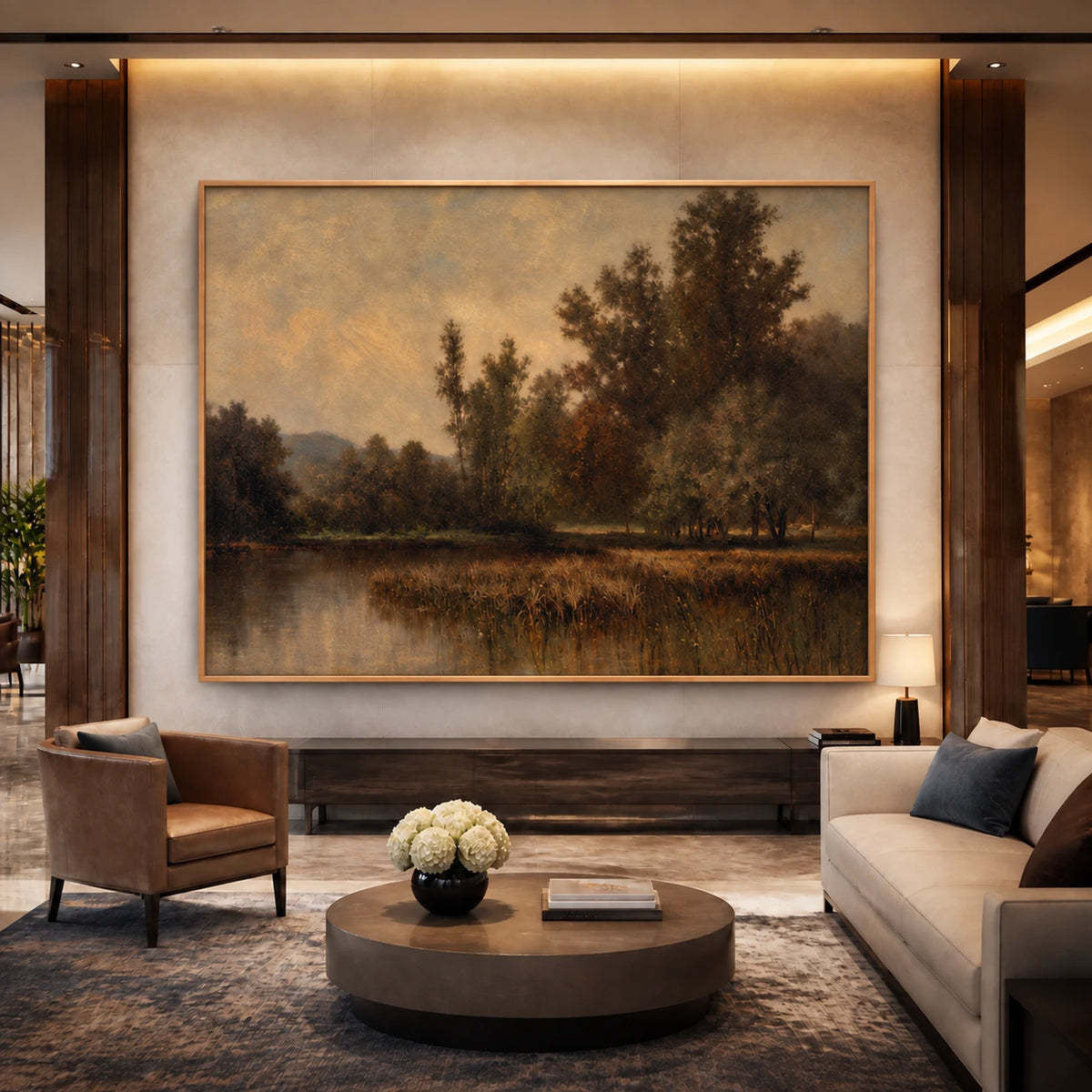Dusklit Bank artwork displayed above seating in a softly lit lounge.