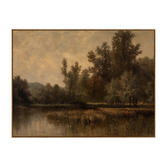 Dusklit Bank artwork in a natural wood frame on a transparent background.