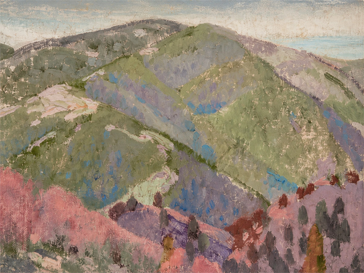 Pastel Highlands full artwork. Rounded hills unfold in patches of sage, lavender, blue, and soft rose, with scattered dark trees marking the foreground.