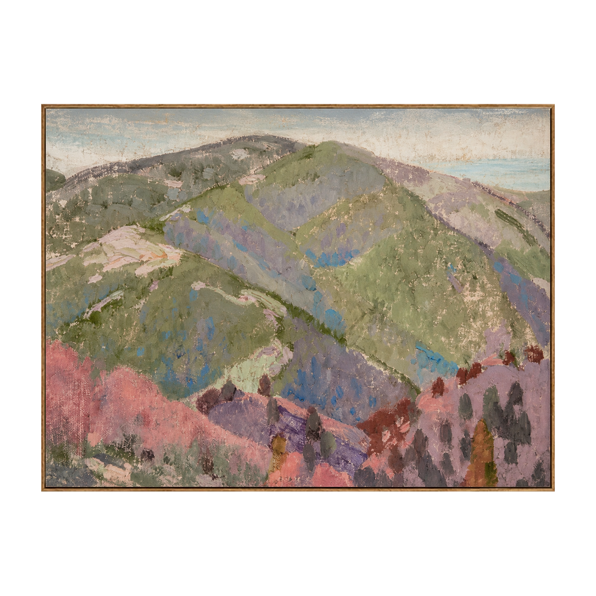 Pastel Highlands artwork in a natural wood frame on a transparent background.