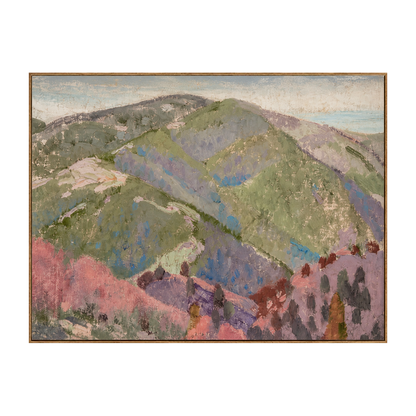 Pastel Highlands artwork in a natural wood frame on a transparent background.