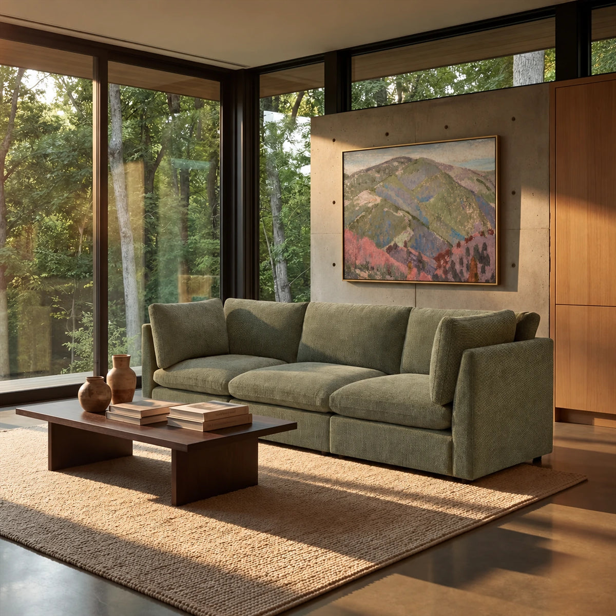 Pastel Highlands artwork displayed above a green sofa beside garden windows.