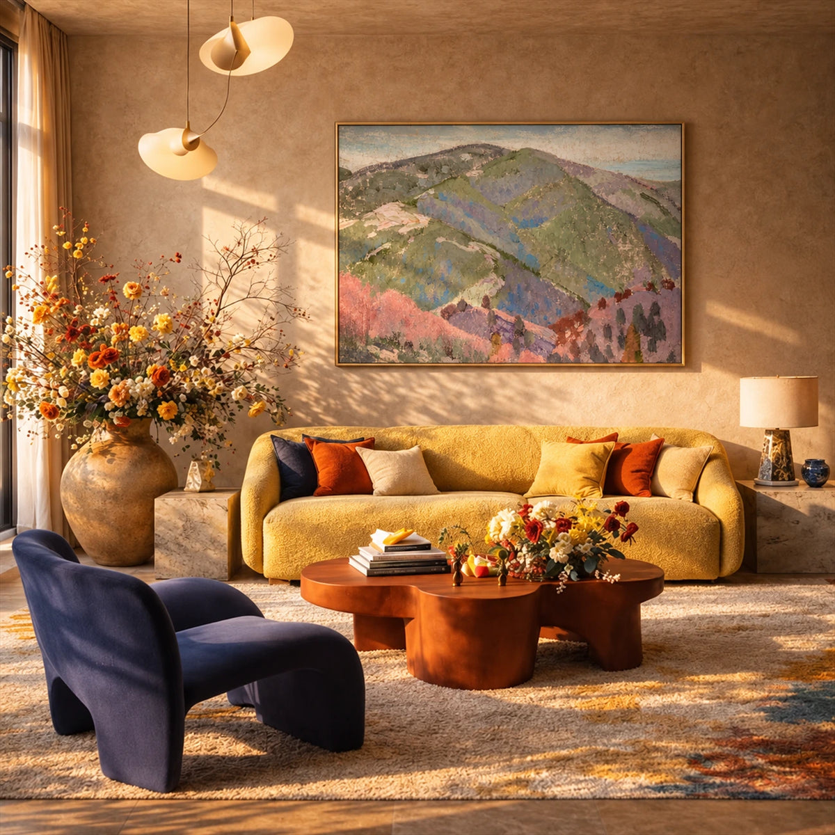 Pastel Highlands artwork displayed above a mustard sofa in warm sunlight.