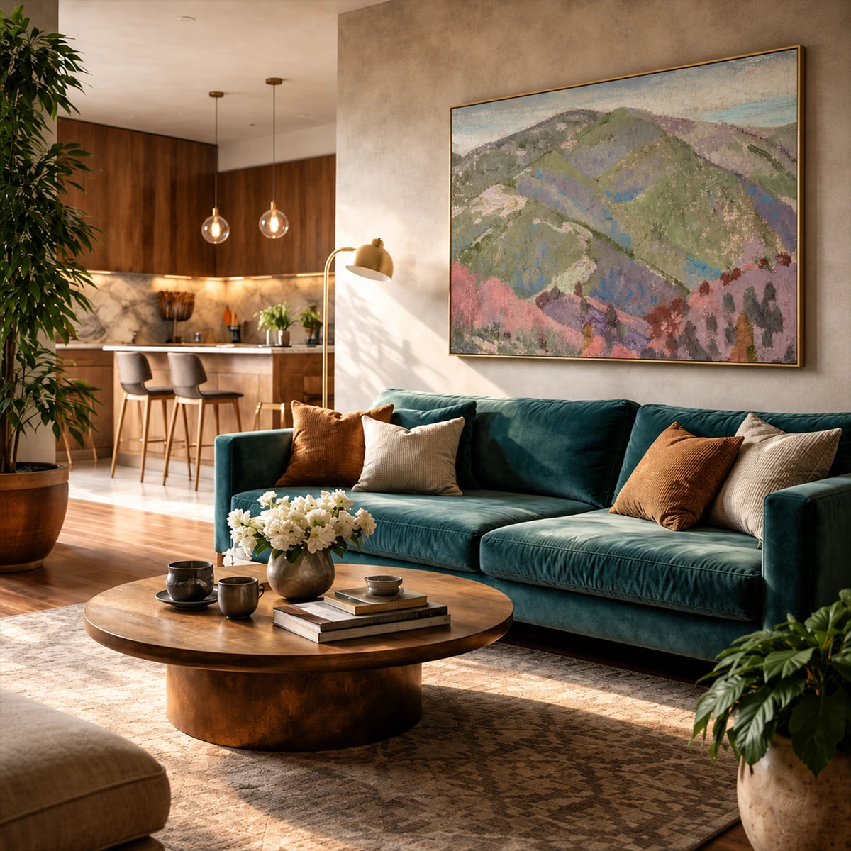 Pastel Highlands artwork displayed above a teal sectional near an open kitchen.