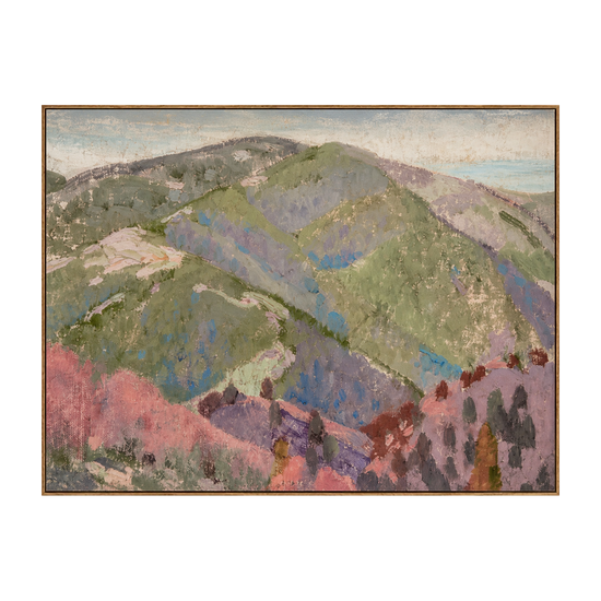 Pastel Highlands artwork in a natural wood frame on a transparent background.