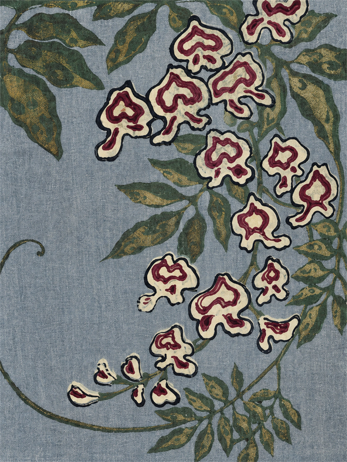 Trailing Orchids full artwork. A trailing branch of patterned blossoms curves across a muted blue ground, framed by deep green leaves.
