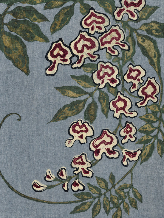 Trailing Orchids full artwork. A trailing branch of patterned blossoms curves across a muted blue ground, framed by deep green leaves.