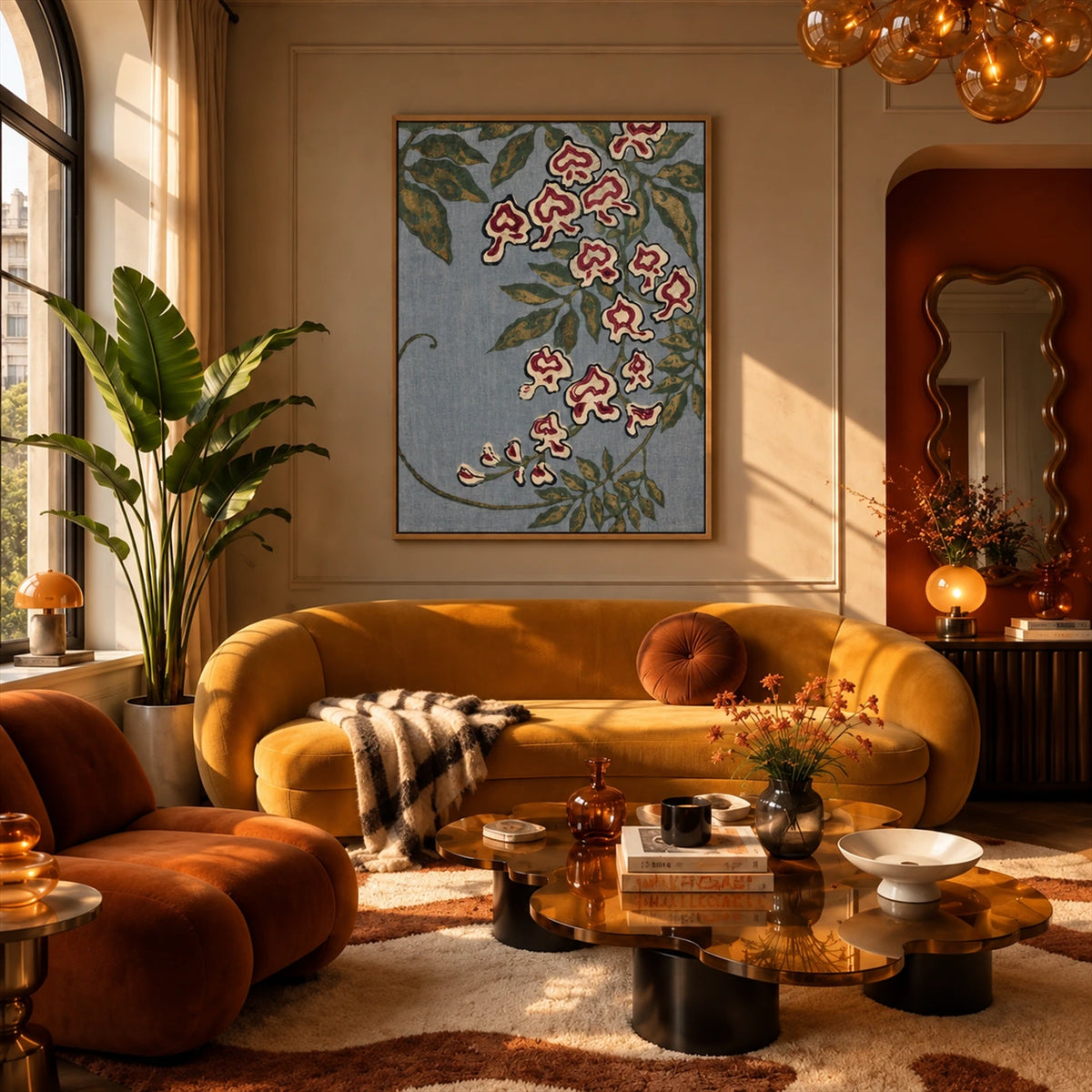 Trailing Orchids artwork displayed above a mustard sofa in a warm lounge.