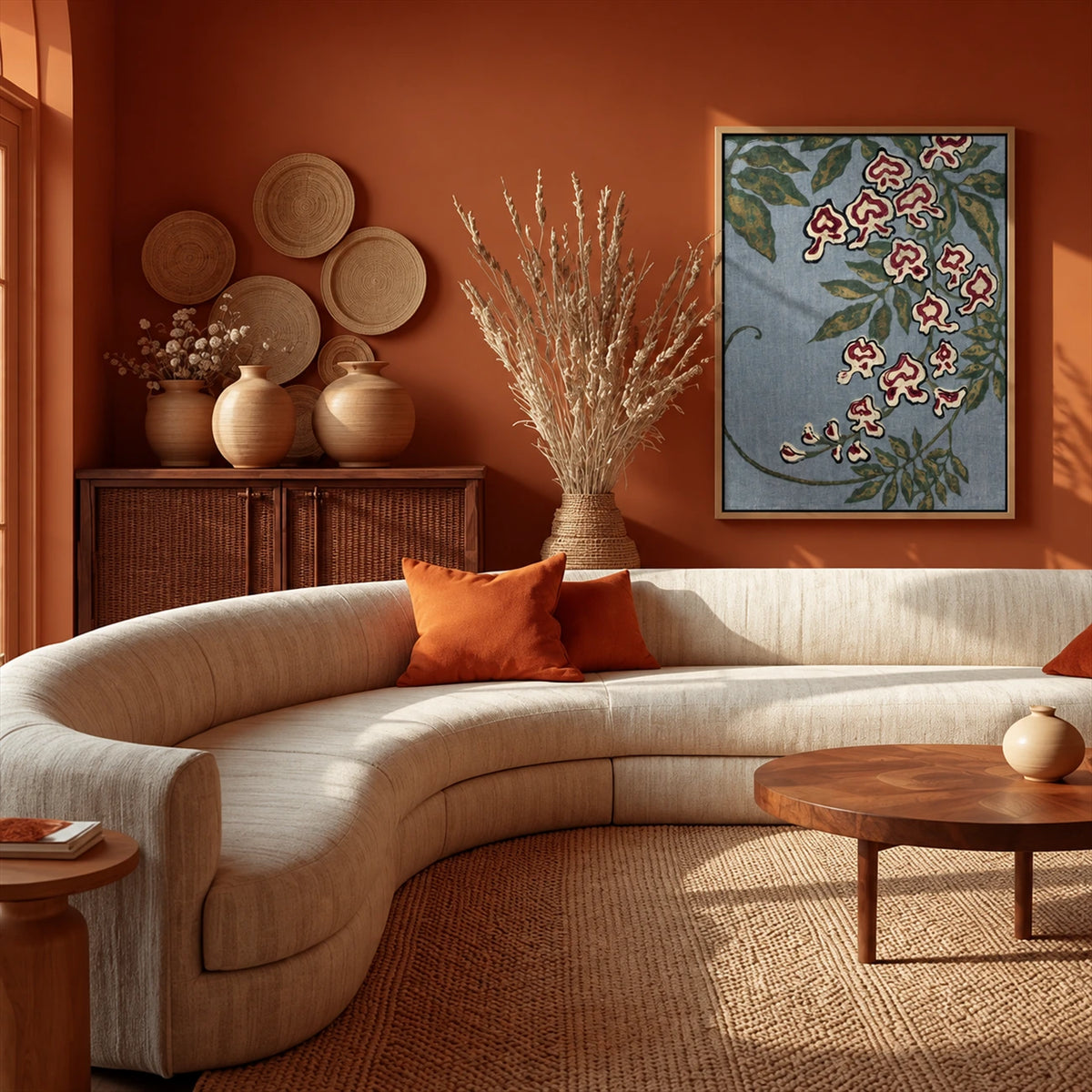 Trailing Orchids artwork displayed above a curved cream sofa against a rust wall.