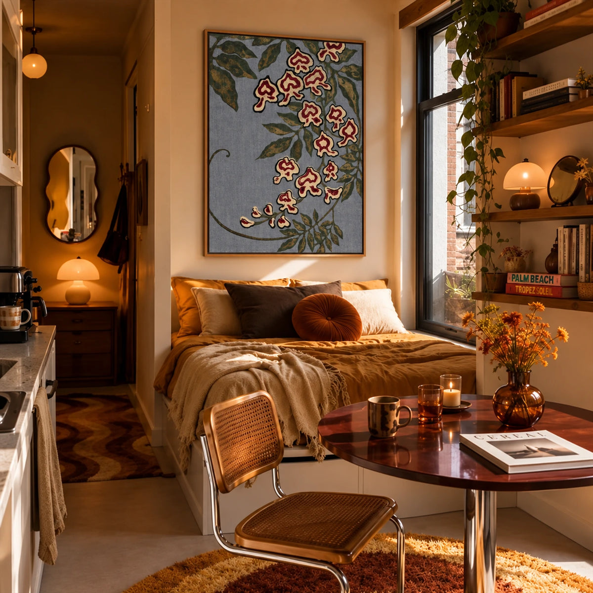 Trailing Orchids artwork displayed above a daybed beside dining seating.