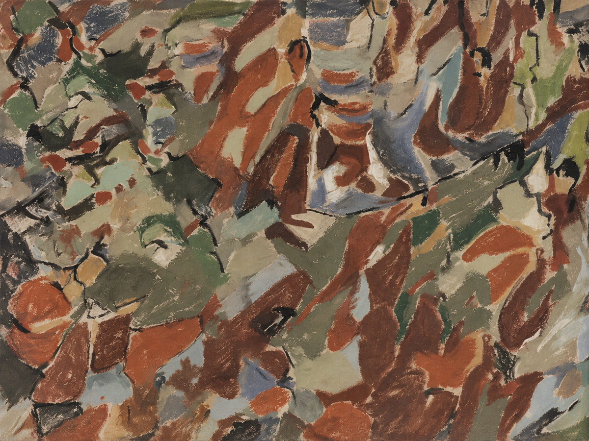 Earthen Mosaic full artwork. Fragments of rust, sage, cream, and slate weave across the surface in an irregular, interlocking rhythm.