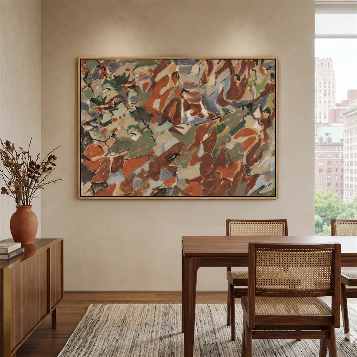 Earthen Mosaic artwork displayed above a wooden dining table.