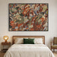 Earthen Mosaic artwork displayed above a bed with green cushions.