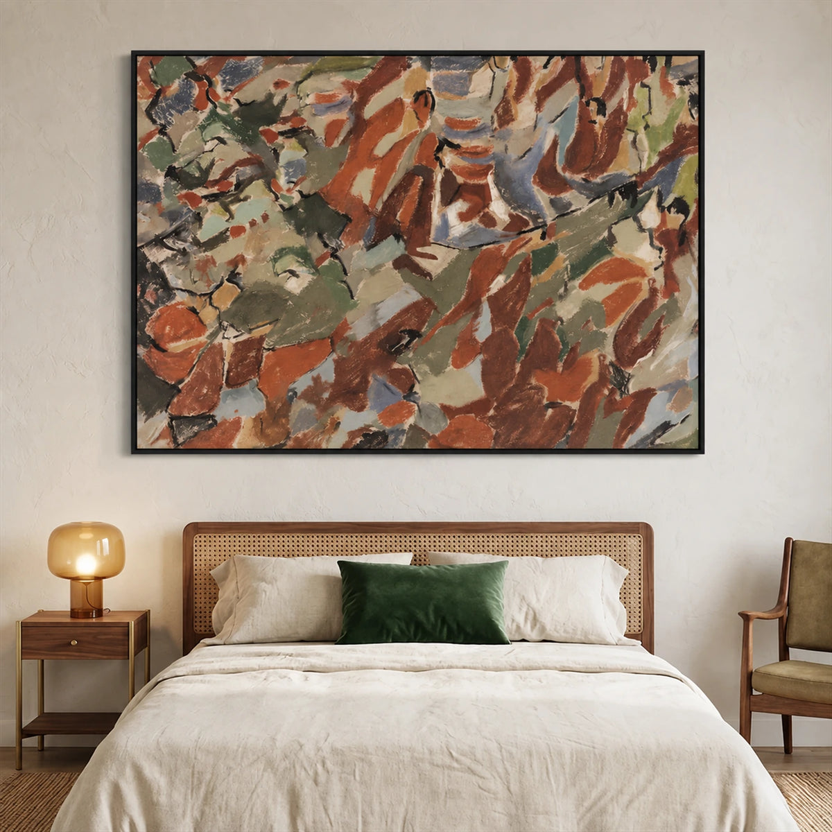 Earthen Mosaic artwork displayed above a bed with green cushions.