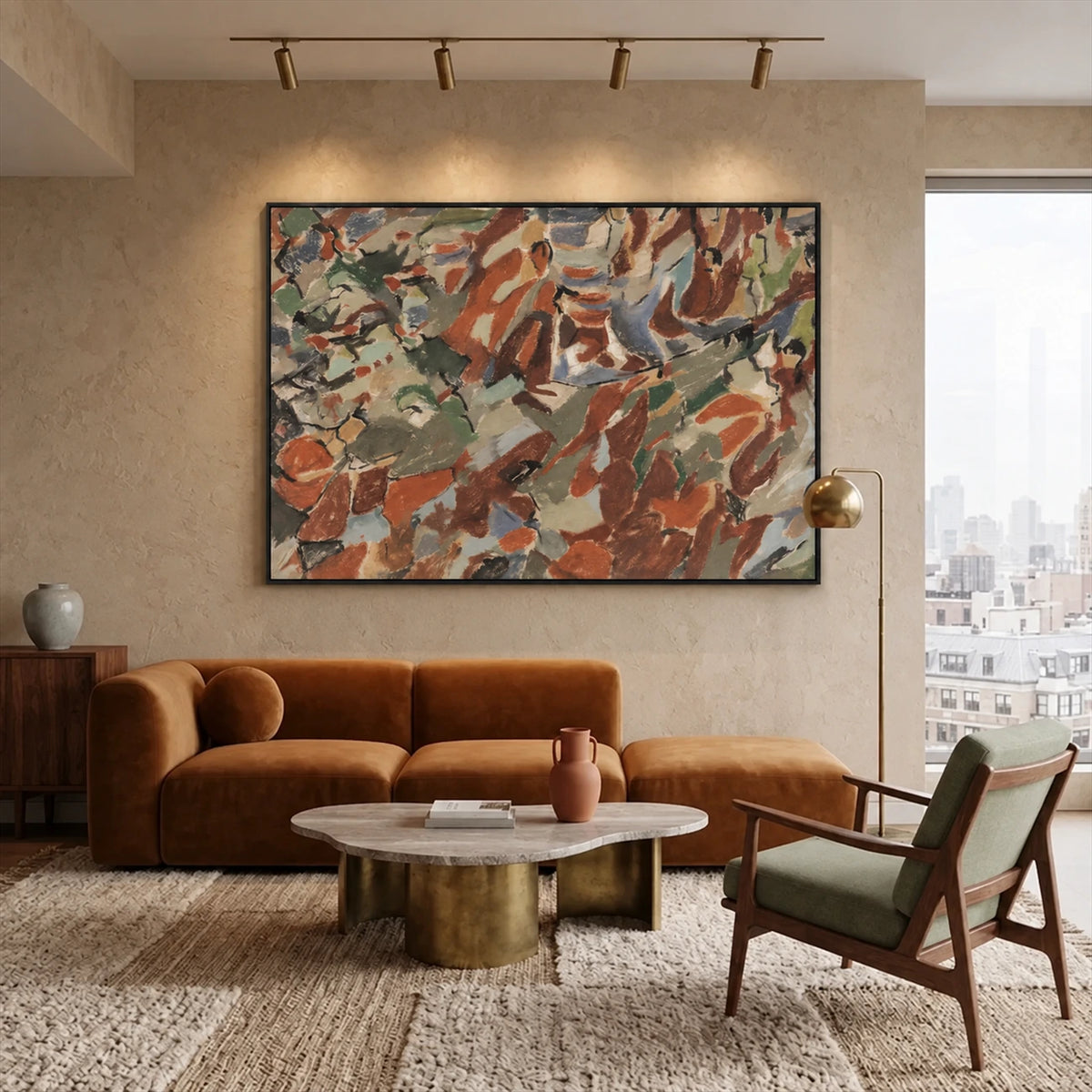 Earthen Mosaic artwork displayed above a brown sofa beside a city-view window.