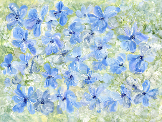 Periwinkle Garden full artwork. Blue and periwinkle flowers drift across a luminous field of pale green and creamy white.
