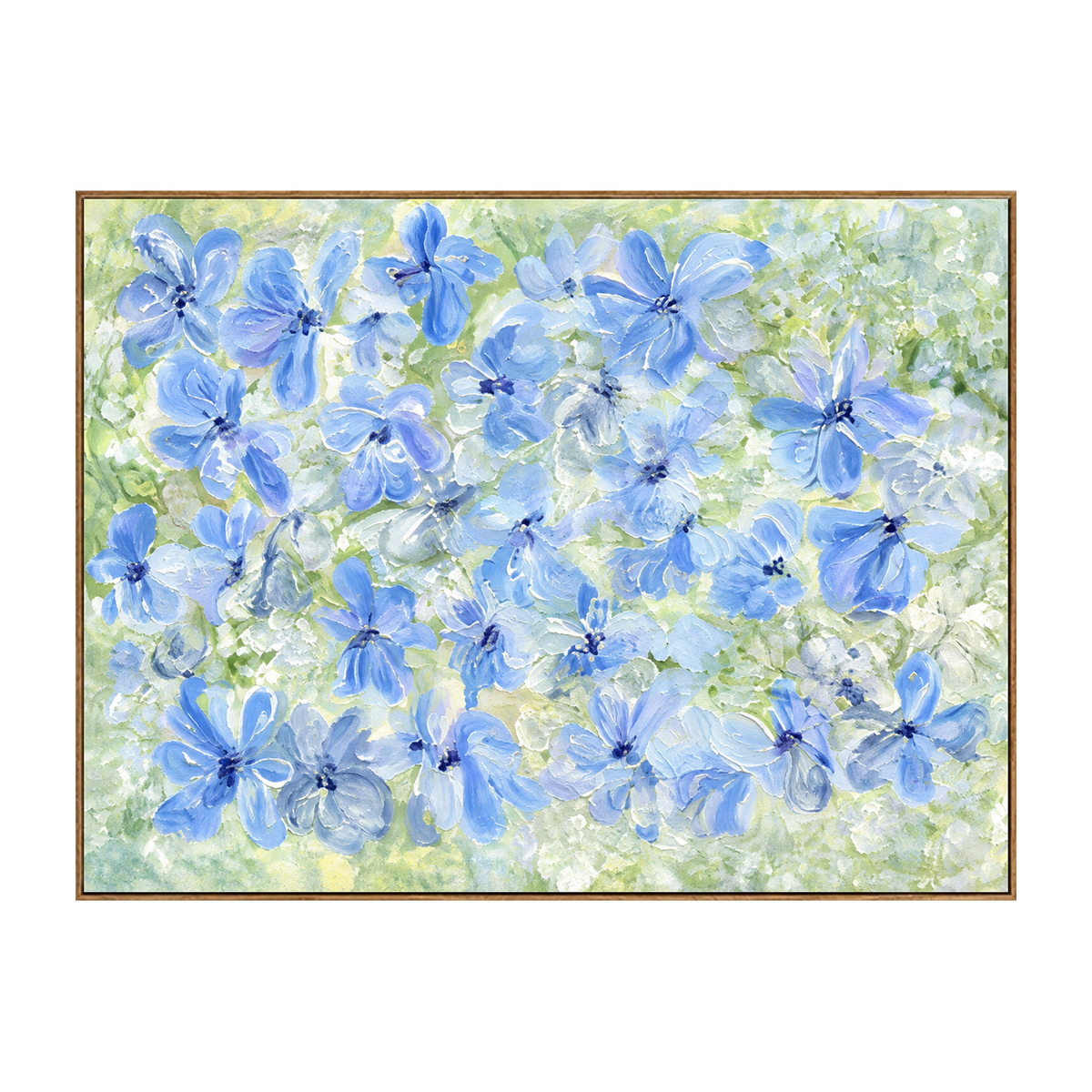 Periwinkle Garden artwork in a natural wood frame on a transparent background.