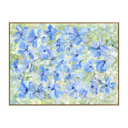 Periwinkle Garden artwork in a natural wood frame on a transparent background.
