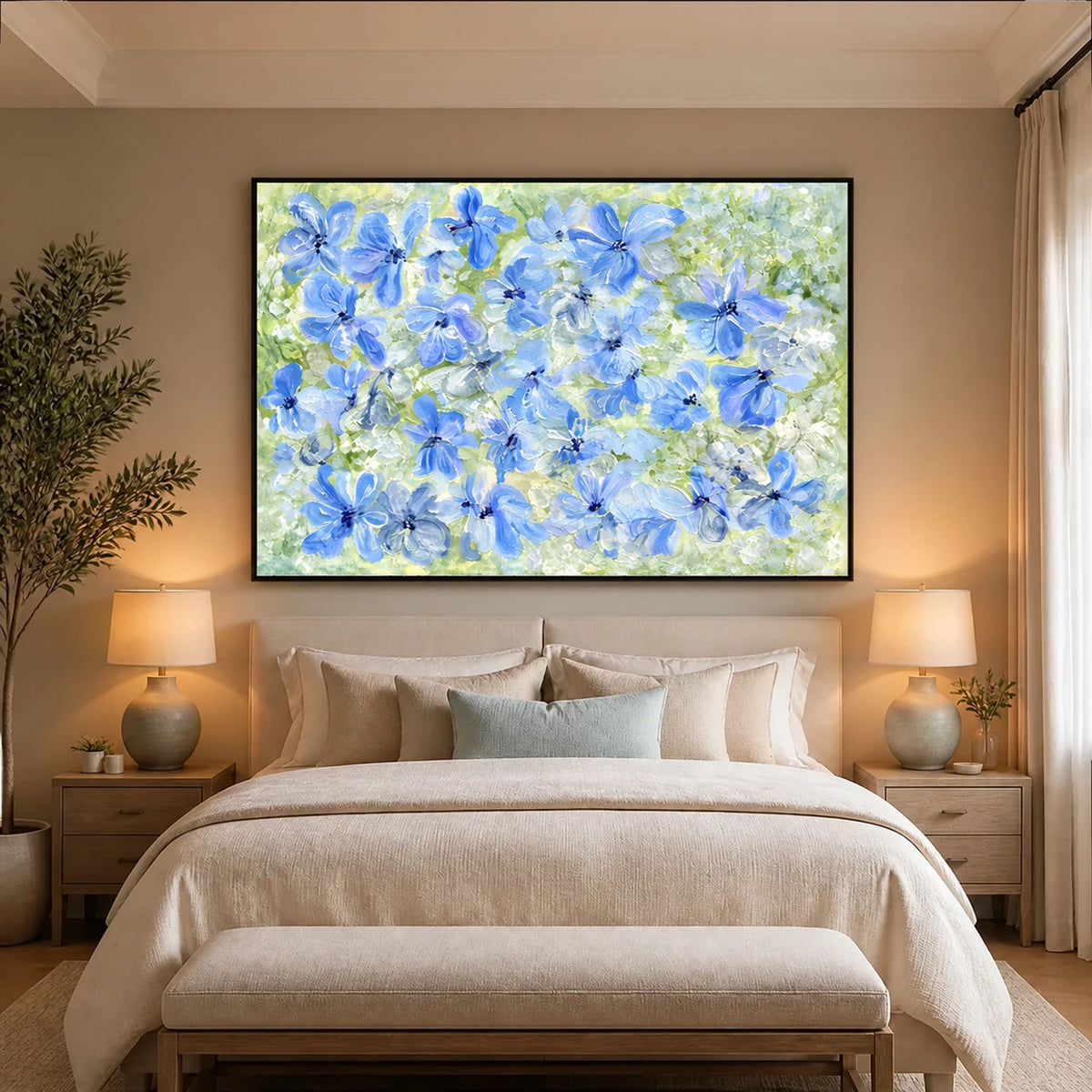 Periwinkle Garden artwork displayed above a cream bed and upholstered bench.
