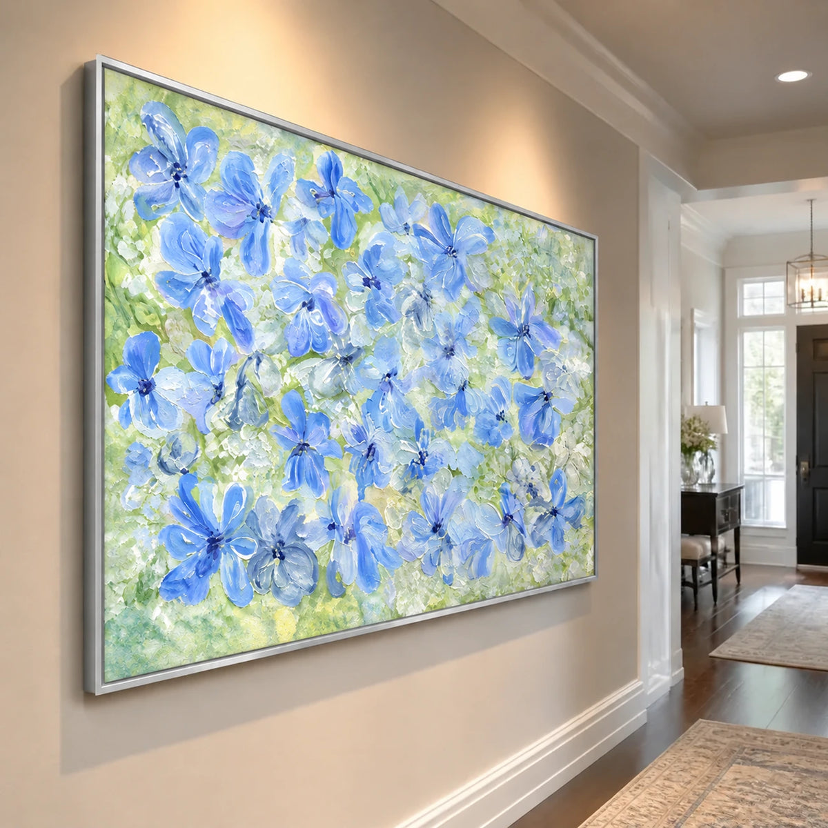 Periwinkle Garden artwork displayed along a bright hallway wall.