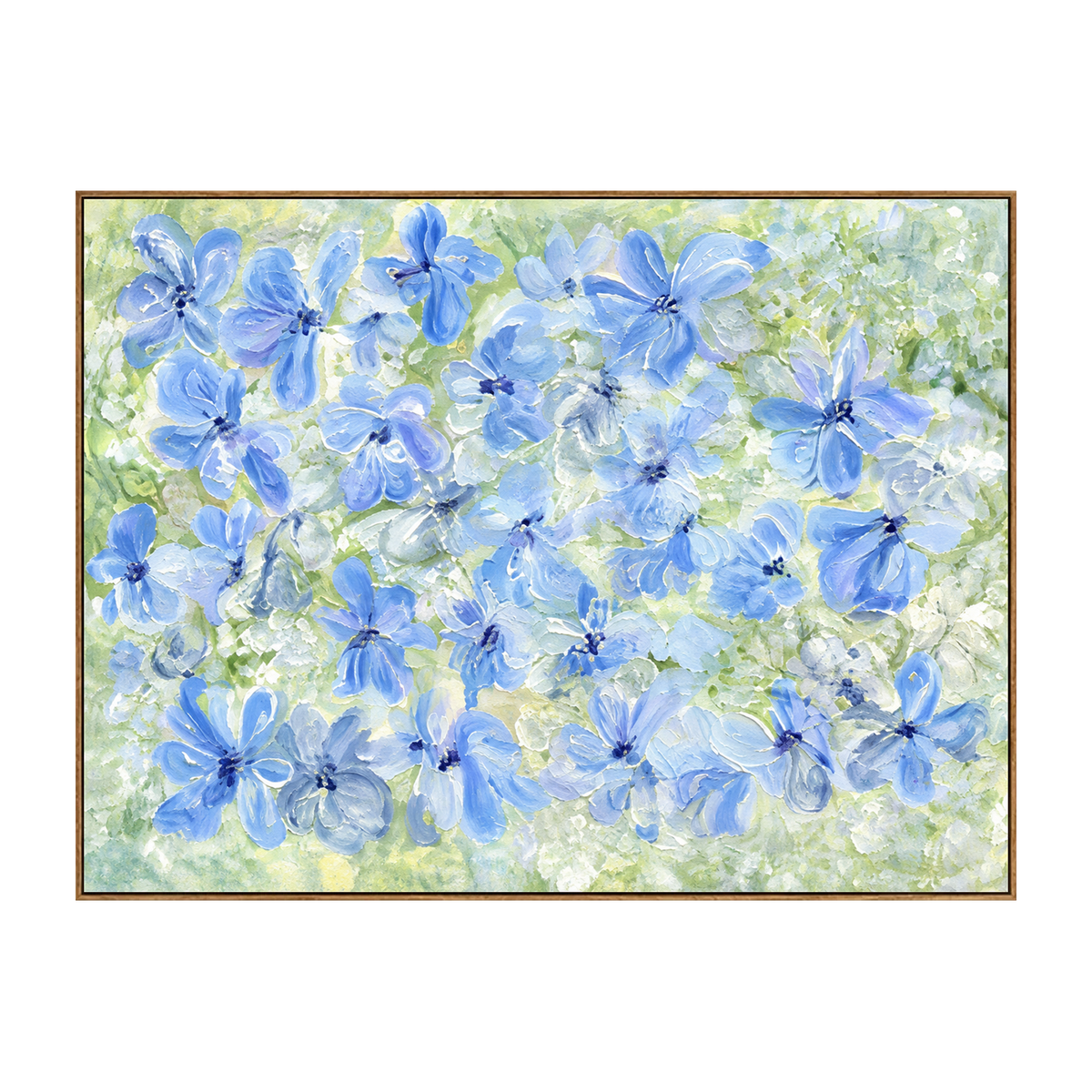 Periwinkle Garden artwork in a natural wood frame on a transparent background.