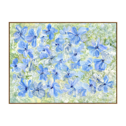 Periwinkle Garden artwork in a natural wood frame on a transparent background.