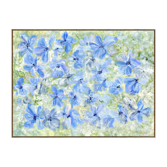 Periwinkle Garden artwork in a natural wood frame on a transparent background.