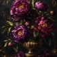 Velvet Peonies full artwork. Deep plum peonies gather in an ornate golden-toned vase against a shadowy background.
