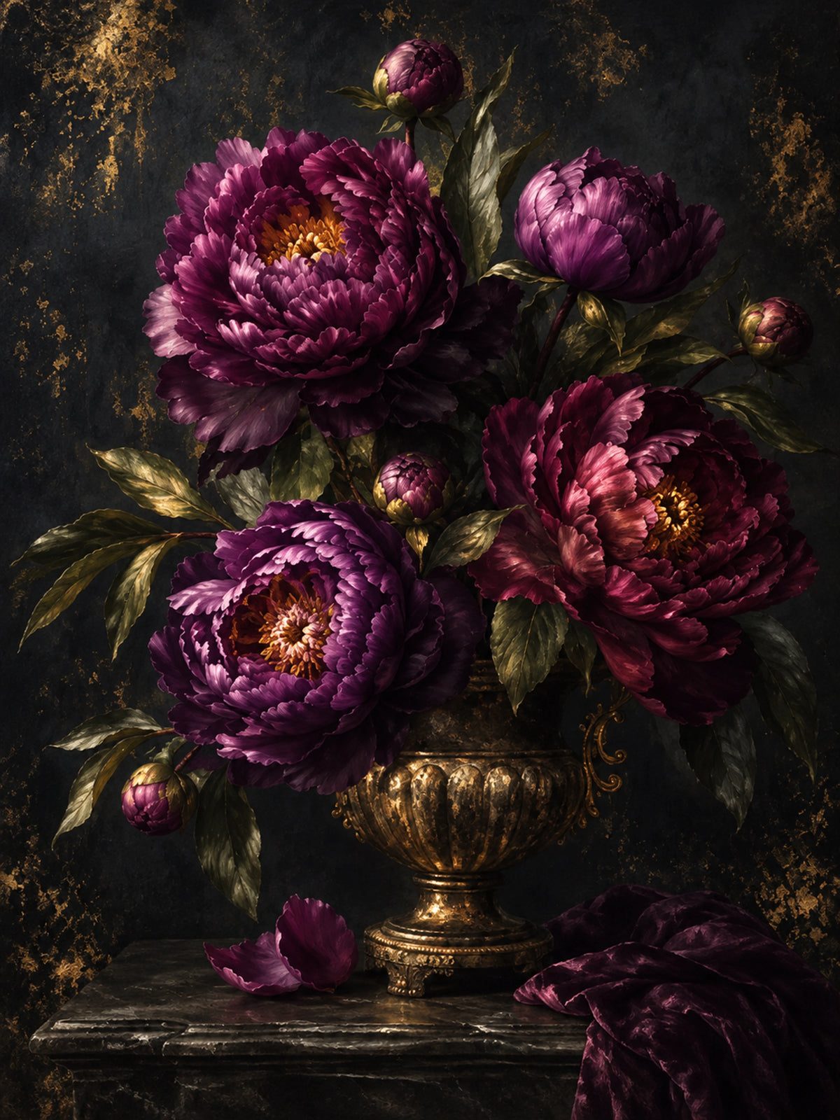 Velvet Peonies full artwork. Deep plum peonies gather in an ornate golden-toned vase against a shadowy background.