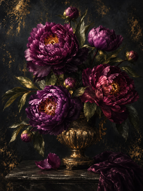 Velvet Peonies full artwork. Deep plum peonies gather in an ornate golden-toned vase against a shadowy background.