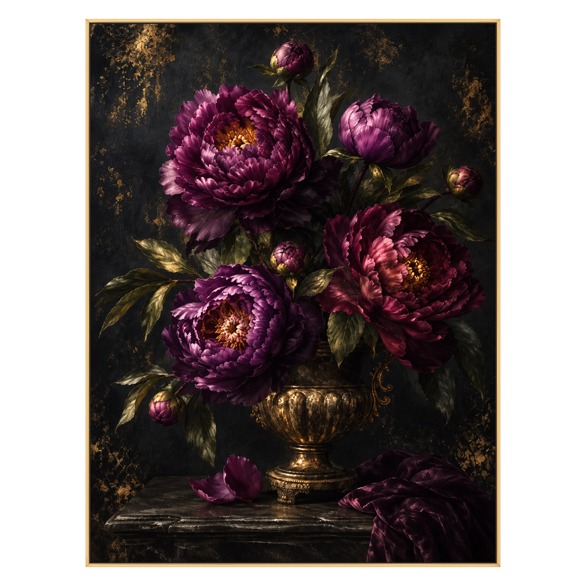 Velvet Peonies artwork in a gold frame on a transparent background.