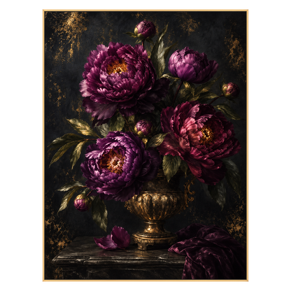 Velvet Peonies artwork in a gold frame on a transparent background.