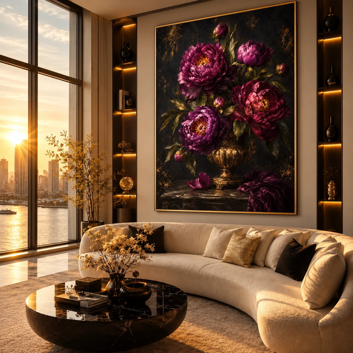 Velvet Peonies artwork displayed above a curved cream sofa at sunset.
