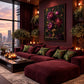 Velvet Peonies artwork displayed above a burgundy sectional overlooking the city.