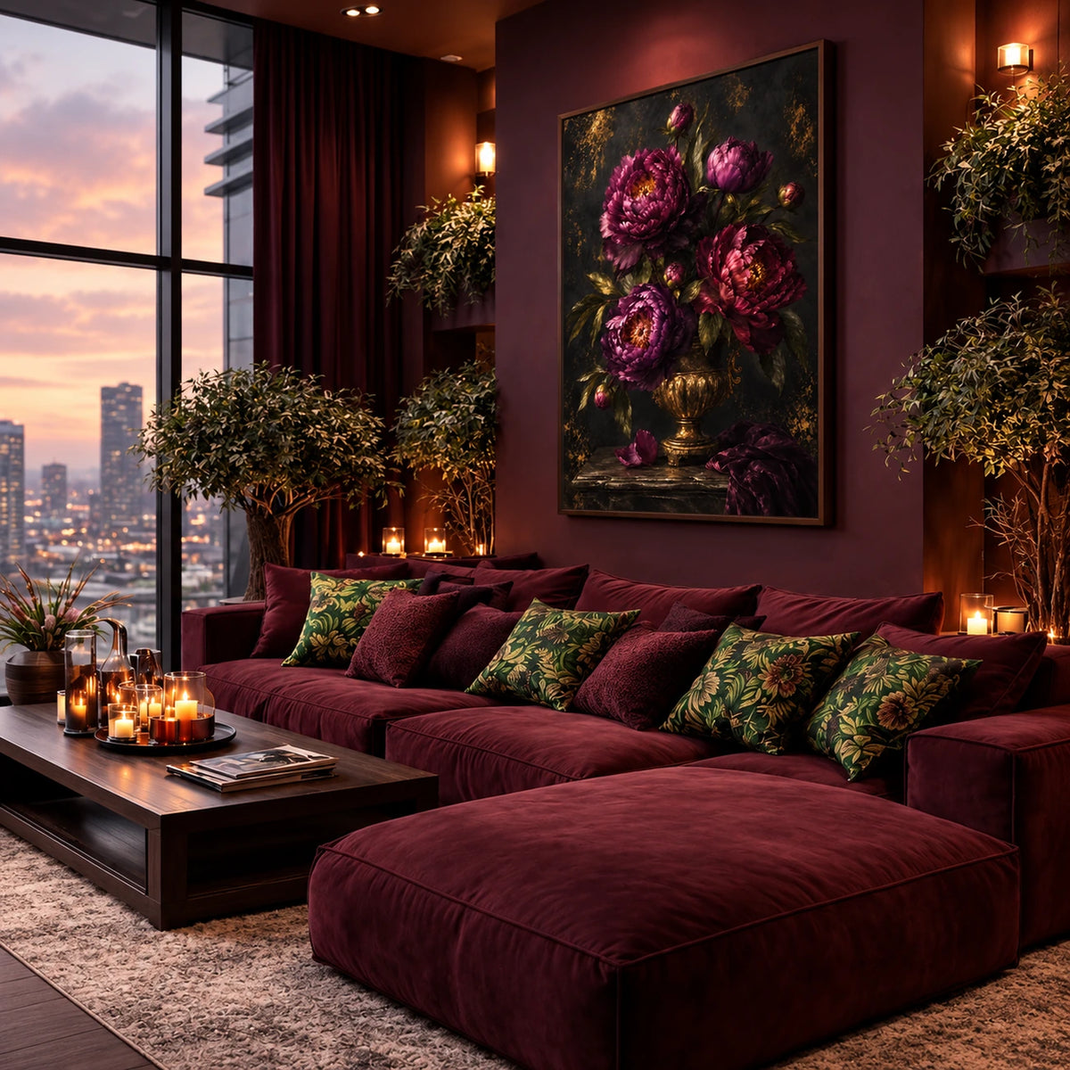 Velvet Peonies artwork displayed above a burgundy sectional overlooking the city.