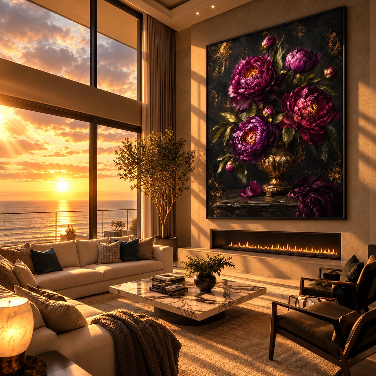 Velvet Peonies artwork displayed above a fireplace beside sunset windows.