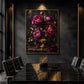 Velvet Peonies artwork displayed above a dark dining table.