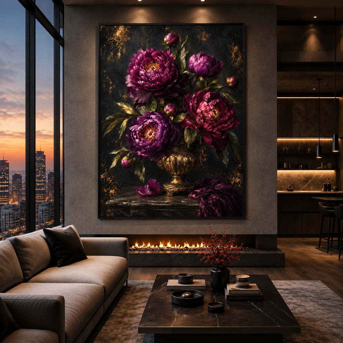 Velvet Peonies artwork displayed above a fireplace in a city-view lounge.