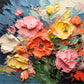 Petal Carnival full artwork. Sculptural blossoms in coral, pink, yellow, and ivory rise against a lively blue background.